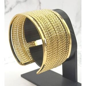 Gold Wide Cuff Bracelet Textured Mesh Statement 7.5 Inch Bold